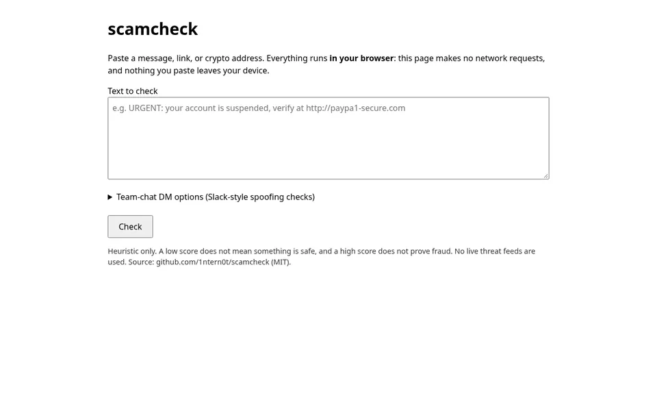 Screenshot of scamcheck